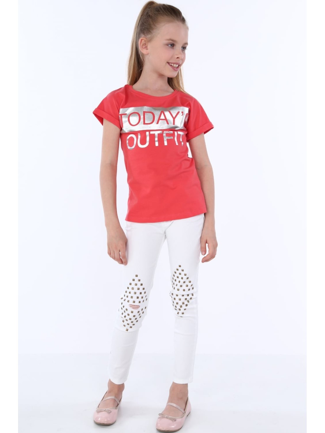 Girls\' T-shirt with inscriptions, coral NDZ8168 - Online store - Boutique